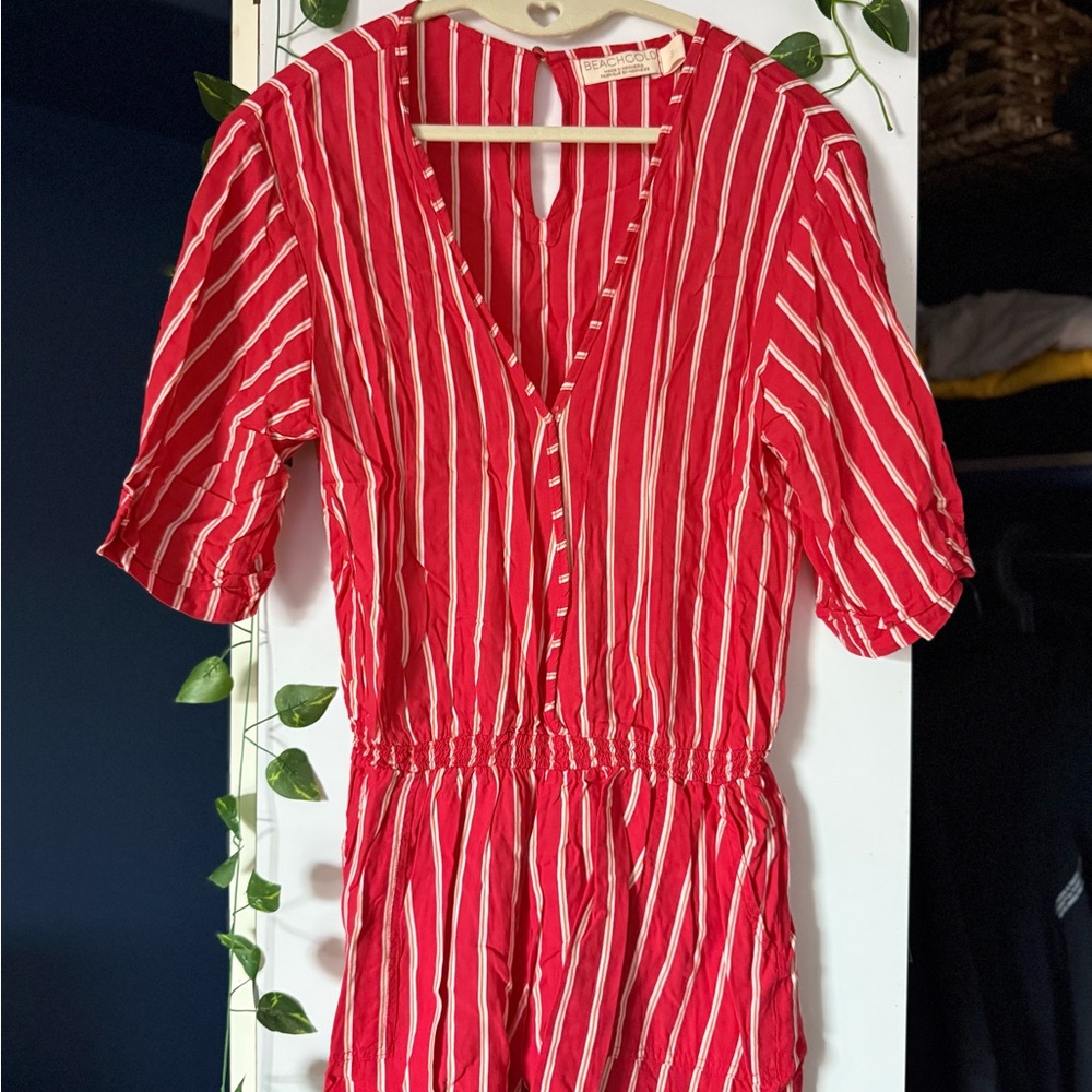 BEACHGOLD Red and White Striped V-Neck Romper Soft 100% Rayon